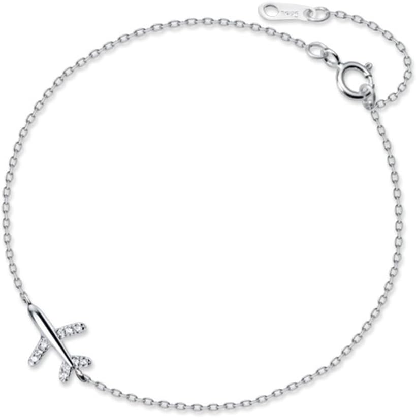 Dainty Crystal Airplane Bracelet for Women Sterling Silver Cute Fly Plane Adjustable Charm Link Bracelets Airline Jewelry