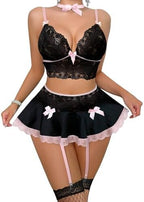 Foxiny Sexy Stocking Mini Skirt Wireless Mesh Lace Garter Lingerie with Thong Set 4 Pieces