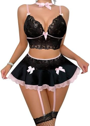 Foxiny Sexy Stocking Mini Skirt Wireless Mesh Lace Garter Lingerie with Thong Set 4 Pieces