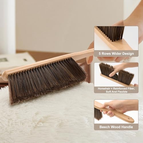 Hand Broom, 3 Pcs Dust Brush Set, 5 Rows Wider Horsehair Brush with Reinforced Fiber and Beech Wood Handle, Soft and Flexible for Furniture, Sofa, Bed, Clothes, Carpet, Counter, Bench