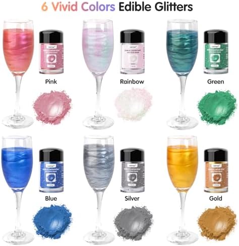 CRPTHE 6 Colors Luster Dust Edible Set, Edible Glitter for Drinks, Food Grade Glitter Shimmer Sprinkle Powder for Cocktails, Baking, Beverages, Cakes, Strawberries, Cookies, Fondant, Vegan(5g/Bottle)