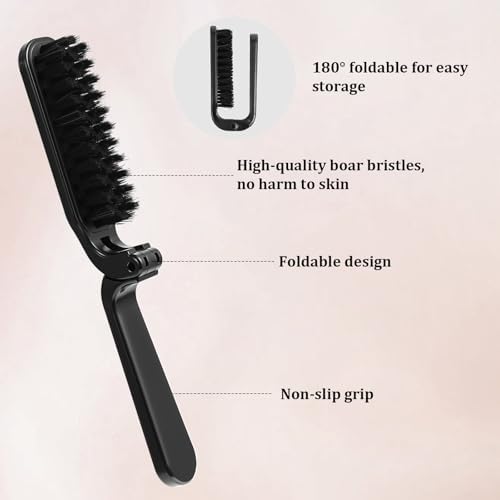 Travel Folding Pocket Brush Boar Bristle Hair Brushes Foldable Anti-Static Compact Beard Brushes for Men and Women, Mustache Brush Portable Pocket Styling Tool for Thin And Thick Hair, 2PCS