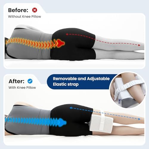 Knee Pillow for Side Sleepers,Knee Pillow,Leg Pillow for Side Sleeping,Hip Pain and Smooth Spine Alignment Pillows,Memory Foam Ergonomic and with Cover and Removable Straps,White/Gray