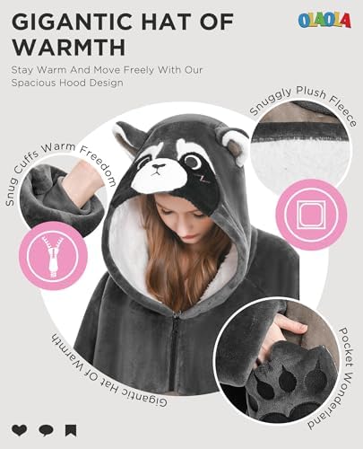 OLAOLA Raccoon Wearable Blanket Hoodie for Adults Oversized Animal Hooded Blanket Throw Comfy Women Men Sherpa Fleece Sweater Sweatshirt Hoodies with Pockets & Sleeves for Birthday Gifts