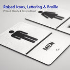 Bathroom Signs, Men's & Women's Restroom Signs for Business, Brushed Aluminum ADA Raised Braille Restroom & Bathroom Door Sign with Strong Self-Adhesive, Silver Size 9'' X 6 '' （2 Pieces Set）