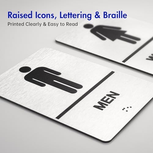 Bathroom Signs, Men's & Women's Restroom Signs for Business, Brushed Aluminum ADA Raised Braille Restroom & Bathroom Door Sign with Strong Self-Adhesive, Silver Size 9'' X 6 '' （2 Pieces Set）