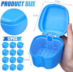 Nuogo 12 Pack Denture Bath Case Bulk with Strainer Basket Denture Cup Holder Dental Retainer Cleaner Box Soaking Cleaning Cup Mouthguard Storage Container for Brace Mouth Night Guard, Blue