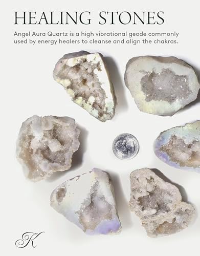 KALIFANO Angel Aura Quartz Geode - Titanium Bonded High Energy Crystal Cuarzo Cluster/Druzy with Information Card - Natural Reiki Rock Used for Clarity and Purpose (Family Owned and Operated)