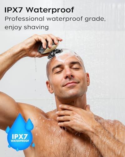 Electric Razor for Men, Head & Body Hair Shaver for Men, Cordless Rechargeable Wet/Dry Bald Head & Groin Waterproof Razor with Rotary Blades,Clippers, Beard Trimmer,Nose Trimmer, Brush (Golden)
