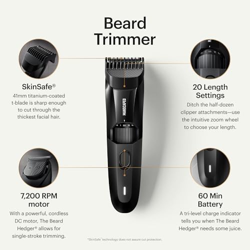 MANSCAPED® The Beard Hedger® Men's Premium Beard Trimmer, 20 Length Adjustable Blade Wheel, Stainless Steel T-Blade for Precision Facial Hair Trimming, Cordless Waterproof Wet/Dry Clipper