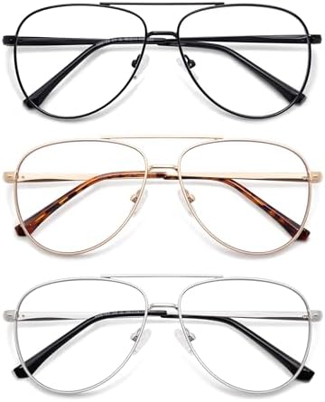 AMOMOMA Trendy Aviator Reading Glasses for Women,Men Blue Light Blocking Computer Readers Retro Metal Frame AM6162