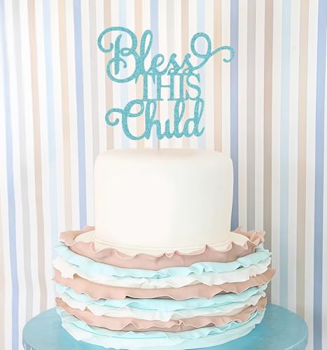 Bless This Child Cake Topper - Sky Blue Glitter Chlid Christening Cake Decoration Supply - Smash Cake Topper for First Holy Communion Party/Baby Shower - Baptisim Cake Decor