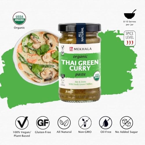 Mekhala Organic Thai Green Curry Paste. VEGAN. GLUTEN-FREE. SUGAR FREE. Versatile. HOT (6X3.53oz)
