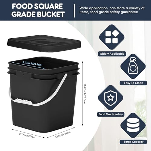 Mumufy 10 Pcs 3.5 Gallon Food Grade Bucket with Lid Plastic Pail with Handle and Lid Buckets for Storing Dry Food Charcoal Camping Fishing(Black,11.22 x 9.76 x 8.27 Inches,Square)