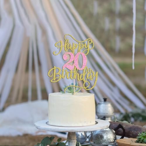 Happy 20th birthday cake topper gold pink Glitter happy birthday cake decoration 20th birthday party cake gift plugin (20)