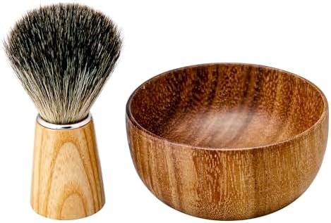 Shaving Brush and Bowl Set Synthetic Hair Shaving Brush with Solid Wood Handle and Wooden Shaving Soap Bowl for Men Easy to Lather Fits Wet Shaving