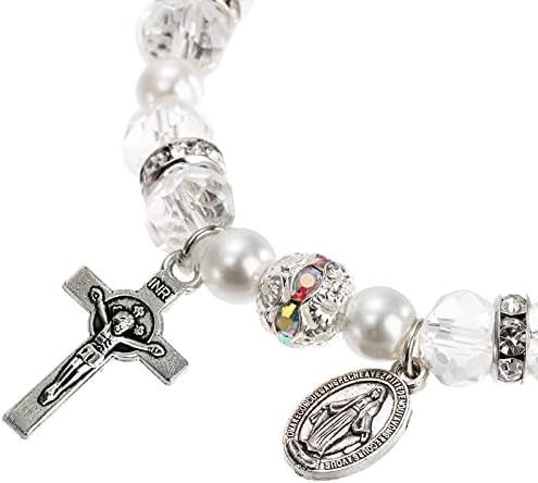 Coloch 6 Pack Women's Rosary Bead Stretch Bracelet, Crystal Cross Bracelet with Crucifix and Miraculous Medal, 3 Colors
