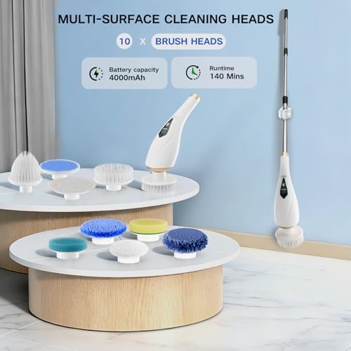 Electric Spin Scrubber Cordless Shower Cleaning Brush with 10 Replaceable Brush Heads, Extendable Handle Up to 59", 2 Speed, Waterproof, 2H Cleaning Time for Bathroom Shower Tile Glass Car