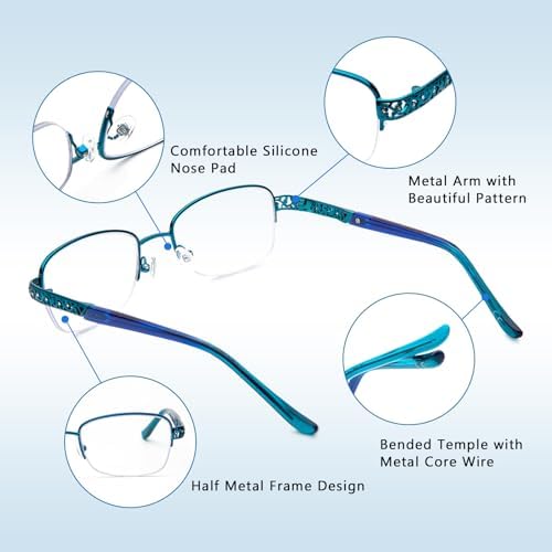 Progressive Multifocal Reading Glasses Women No Line Bifocal Readers with Nose Pad Metal Half Frame Mid-Near Range