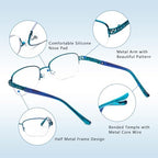 Progressive Multifocal Reading Glasses Women No Line Bifocal Readers with Nose Pad Metal Half Frame Mid-Near Range
