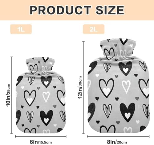 Grey Black Hearts hot Water Bottle with Soft Cover, 2L Water Bag for Hot and Cold Therapies,Hot and Cold Therapies,Bolsa para agua Caliente