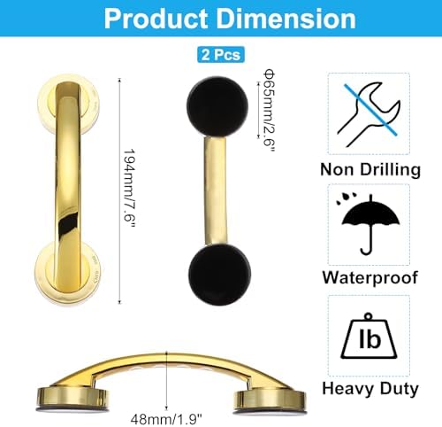 uxcell 2pcs Grab Bars for Bathtubs and Showers, 7.6" Mirror Glass Door and Window Handles Powerful Shower Suction Cup Anti-Slip Safety Bars for Senior Shower Chairs Gold