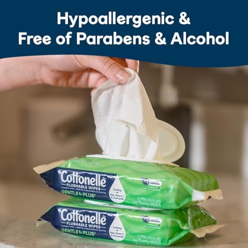 Cottonelle GentlePlus Flushable Wet Wipes with Aloe & Vitamin E, 8 Flip-Top Packs, 42 Wipes Per Pack (336 Total Wipes), Packaging May Vary