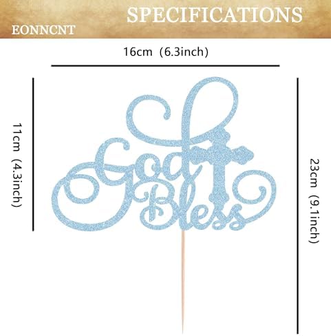 God Bless Cake Topper - Light Blue Glitter Baptism Cake Decorating Supplies for Boys or Girls, Baptism Sign Divine Blessings Cake Decor for Baby Shower, Christening Photo Booth Props