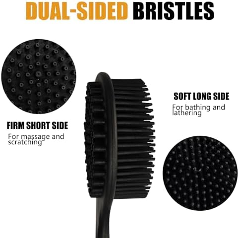 Silicone Back Scrubber for Shower Body Brush with Long Handle Double Sided Bath Exfoliating Massage Brushes Men Women (Black)