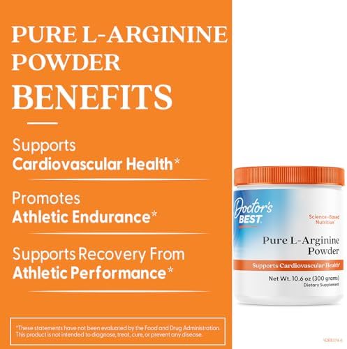 Doctors Best Pure L-Arginine Powder - L Arginine Supplement for Men & Women, Supports Nitric Oxide Levels & Heart Health, Blood Flow Support, Gluten Free, Vegan, Non GMO - 10.6 oz