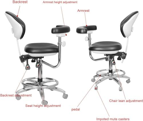 BONEW-Oral Dental Chair Assistant Nurse's Stool with Seat Armrest Height Adjustable PU Leather Black