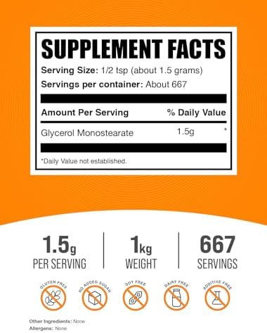 BulkSupplements.com Glycerol Monostearate Powder - Glycerol Supplement, GMS Powder - Unflavored, Food Grade & Gluten Free, 1.5g per Serving, 1kg (2.2 lbs) (Pack of 1)