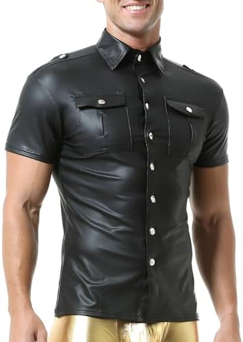 DTODWW Mens Wet Look Undershirt Faux Leather Zipper Shirts Shiny Short Sleeve T-Shirts Slim Fit Muscle Tops Casual Clubwear