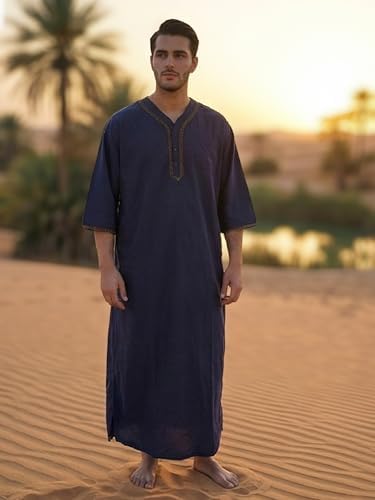 Mens Kaftan Thobe V-Neck Half Sleeve Muslim Robe Dubai Long Gown Saudi Arab Thobe Robes for Summer Beach