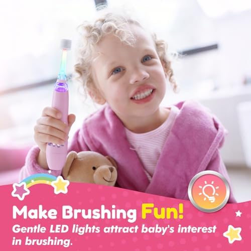 Toddler Electric Toothbrush with 360° Brush Head for All-Around Clean, Baby Sonic Toothbrush with Gentle Vibrations for Ages 1-5, LED Lights & 2-Min Timer Attract Kids Interest (Pink Unicorn)