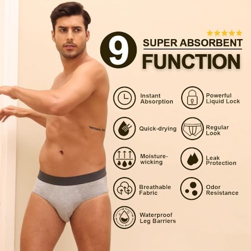 BATTEWA Men’s Incontinence Underwear Washable Leak Proof Incontinence Underwear for Men Reusable Urine Absorbent Brief (Large,3Gray,3 Pack)