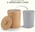 84ECO Wicker Trash Can with Liner and Lid - Rattan Trash Can - Wicker Waste Basket for Bathroom, Bedroom, Office - Rattan Waste Basket