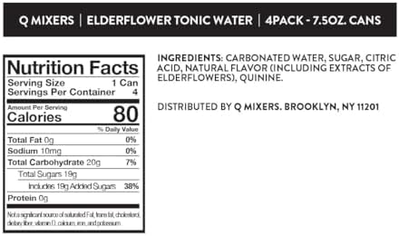 Q ELDERFLOWER TONIC WATER with Real Quinine & Organic Agave - Cocktails & Mocktails - Made with Real Ingredients, Perfectly Carbonated, & Less Sweet - 45 Calories per Can - 7.5 Fl oz (Pack of 24)