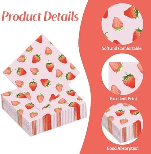 50 Pcs Strawberry Napkins 13 x 13 Inches, Strawberry Birthday Paper Napkins Fruit Theme Disposable Cocktail Napkins for Baby Shower Birthday Party Decorations (Strawberry)
