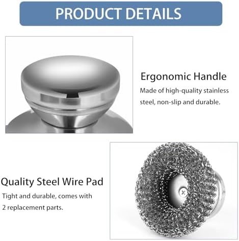 Onewly 2Pack Steel Wool Scrubber Set, Stainless Steel Scrubber with Stainless Steel Handle, for Cleaning Dishes, Cast Iron, Stock Pots, Pans, Griddles, Grills