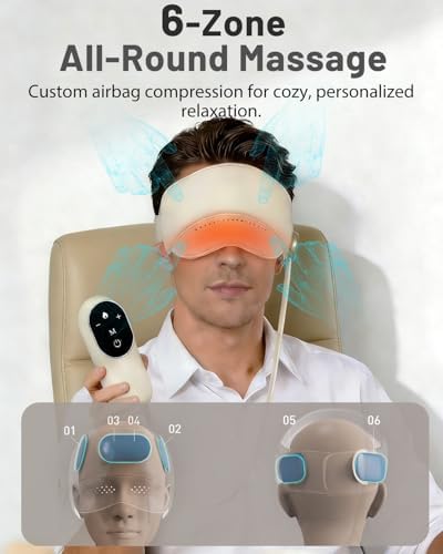 Sleep Mask with Heat,4 Modes 3 Temperature Settings,6 Airbags Compression Head and Eye Massager,Eye Care Device with Remote Control, Portable Relaxation for Home Travel Office Use (Creamy White)