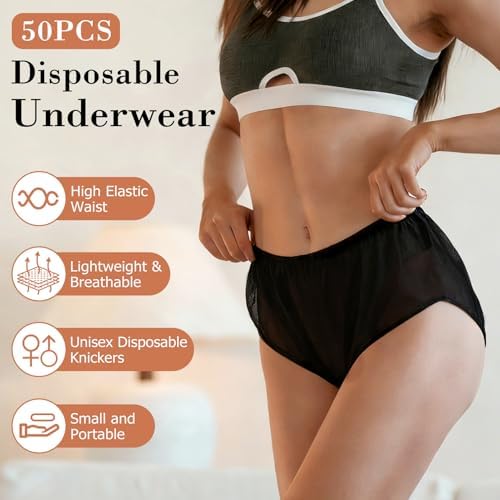 VINGVO Disposable Underwear for Women, 50pcs Black Disposable Panties Travel Underwear for Men, One Size Shorts for Daily Outdoor, Hotel, Spa Travel