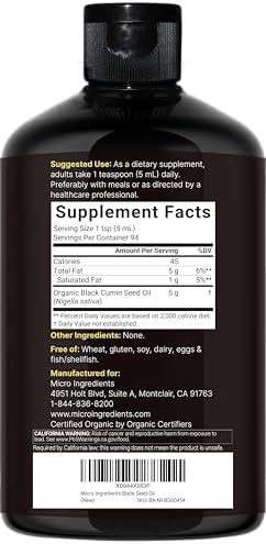 Micro Ingredients Black Seed Oil Organic Cold Pressed, 16 fl oz | Rich in Thymoquinone & Omega 3 6 9 | Unrefined from Nigella Sativa Seeds | Immune, Hair & Skin Support* | Non-GMO - 3 Months Supply