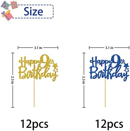 Happy 9th Birthday Cupcake Toppers - Kid Girl Boy Nine Years Old Bday Cupcake Supplies - 9th Birthday Party Decorations - 24 PCS Blue & Gold Glitter