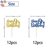 Happy 9th Birthday Cupcake Toppers - Kid Girl Boy Nine Years Old Bday Cupcake Supplies - 9th Birthday Party Decorations - 24 PCS Blue & Gold Glitter