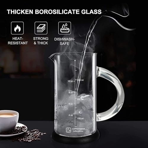 French Press Coffee Maker 12 Ounce Espresso Tea Coffee Maker with 4 Filters System, Stainless Steel Plunger and Heat Resistant Borosilicate Glass BPA-Free Brewed Tea Pot Coffee Plunger(Silvery 12oz)
