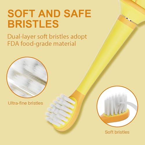 KIWIBIRD Kids Electric Toothbrush for Ages 3–10, Toddler Sonic Toothbrush with 4 Modes & Soft Silicone Bristles, 2-Min Timer Pressure Sensor, 45-Day Rechargeable Battery, Waterproof (Yellow)