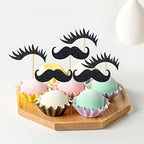 24 PCS Black Glitter Beard Eyelashes Cupcake Toppers Mini Moustaches Lashes Adult Ceremony Birthday Celebration Wedding Baby Shower Anniversary Party Cake Dessert Decorations Supplies Picks
