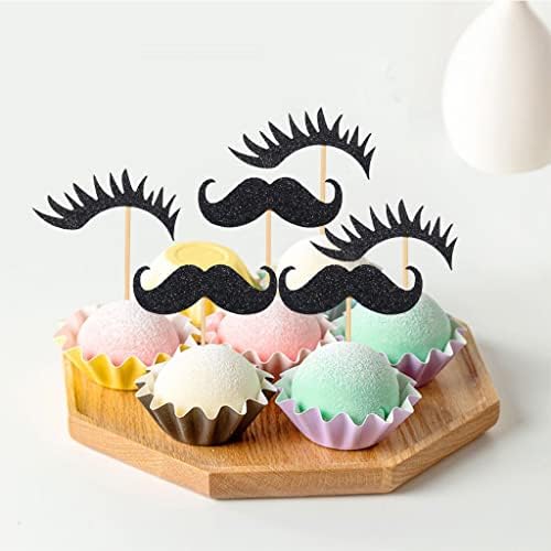 24 PCS Black Glitter Beard Eyelashes Cupcake Toppers Mini Moustaches Lashes Adult Ceremony Birthday Celebration Wedding Baby Shower Anniversary Party Cake Dessert Decorations Supplies Picks
