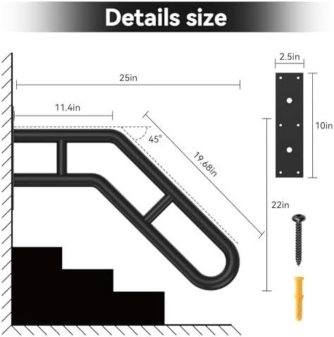 Handrail for Outdoor Grab Bar Frossvt Wall Mount Handrail, 25.8'' Garage, Porch, Garden 1 to 3 Steps Stairs Black